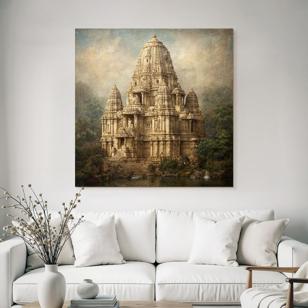 Traditional Hindu Temple Surrounded by Lush Greenery and Water