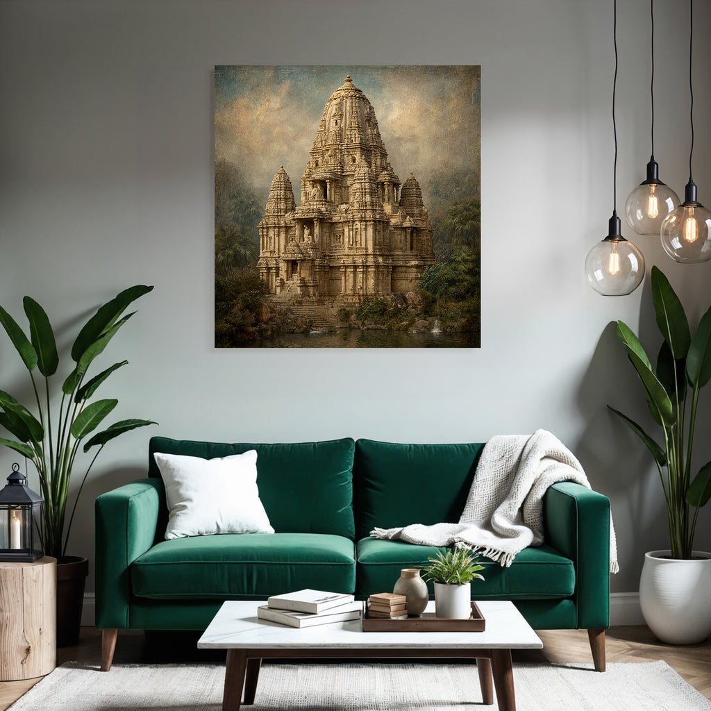 Traditional Hindu Temple Surrounded by Lush Greenery and Water