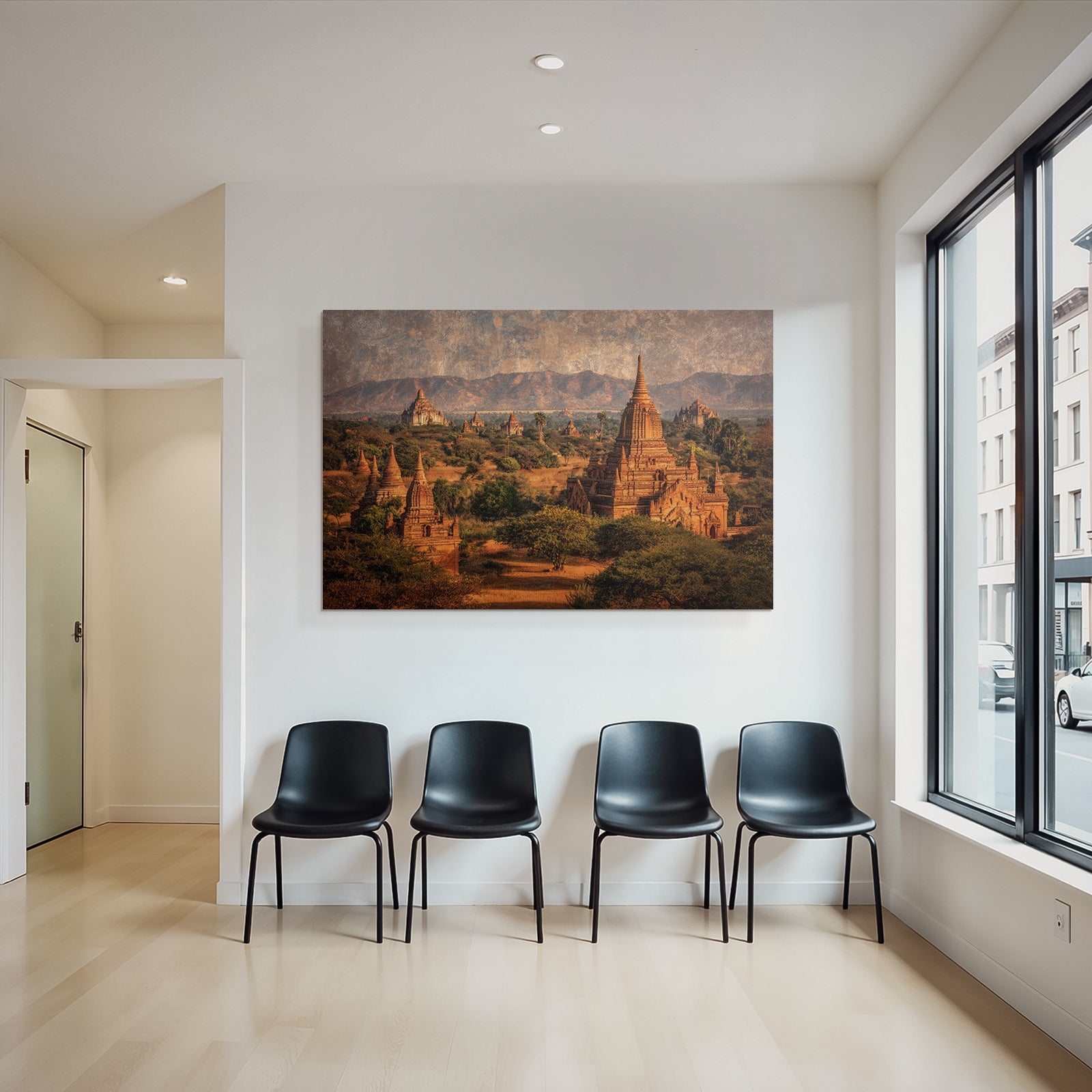 Alter Tempel In Bagan Bei Sonnenuntergang Mit Bergen Im Hintergrund