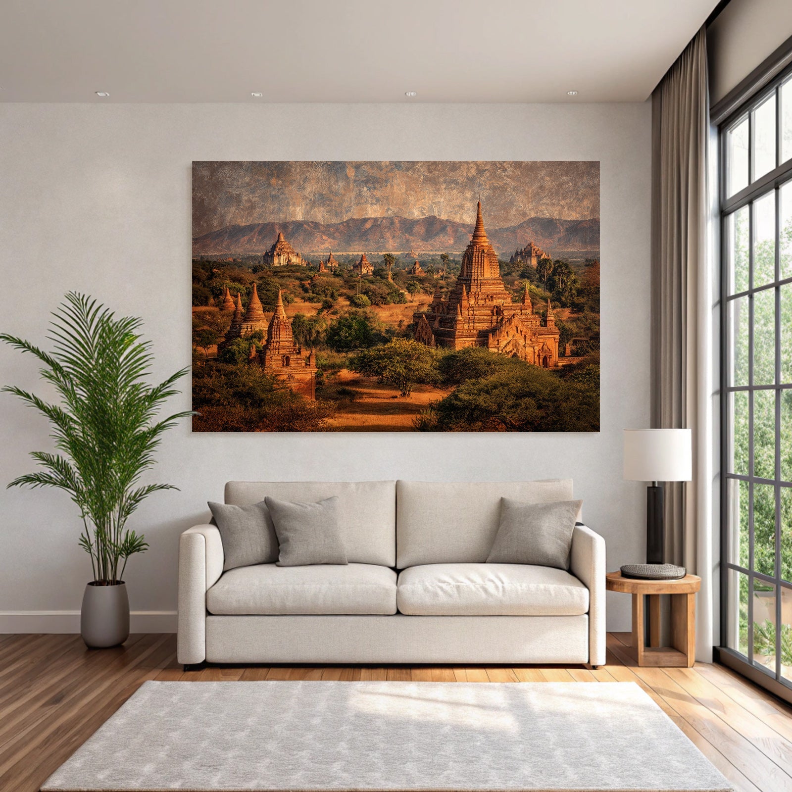 Alter Tempel In Bagan Bei Sonnenuntergang Mit Bergen Im Hintergrund