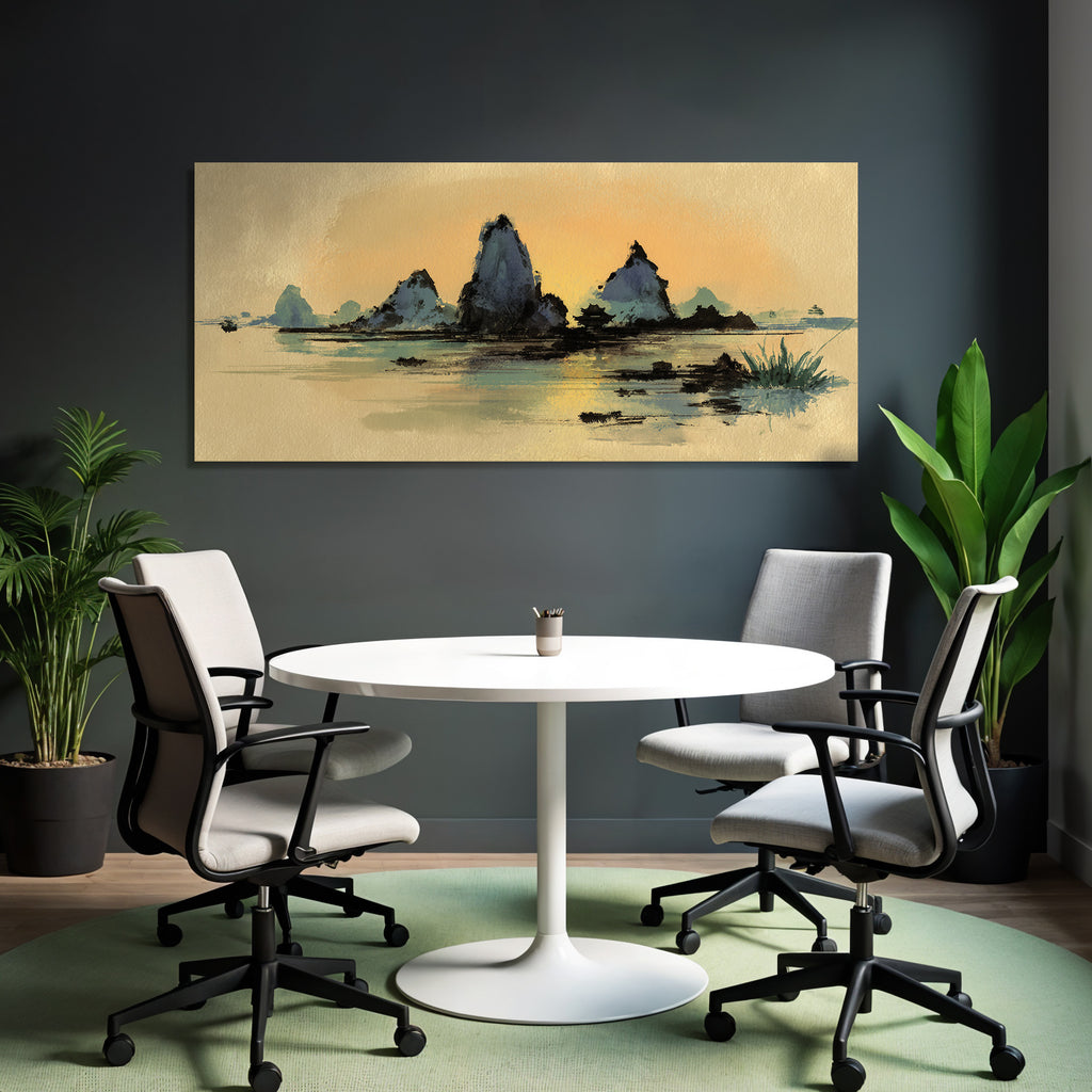 Aquarelllandschaft Bei Sonnenuntergang Mit Bergen Und See