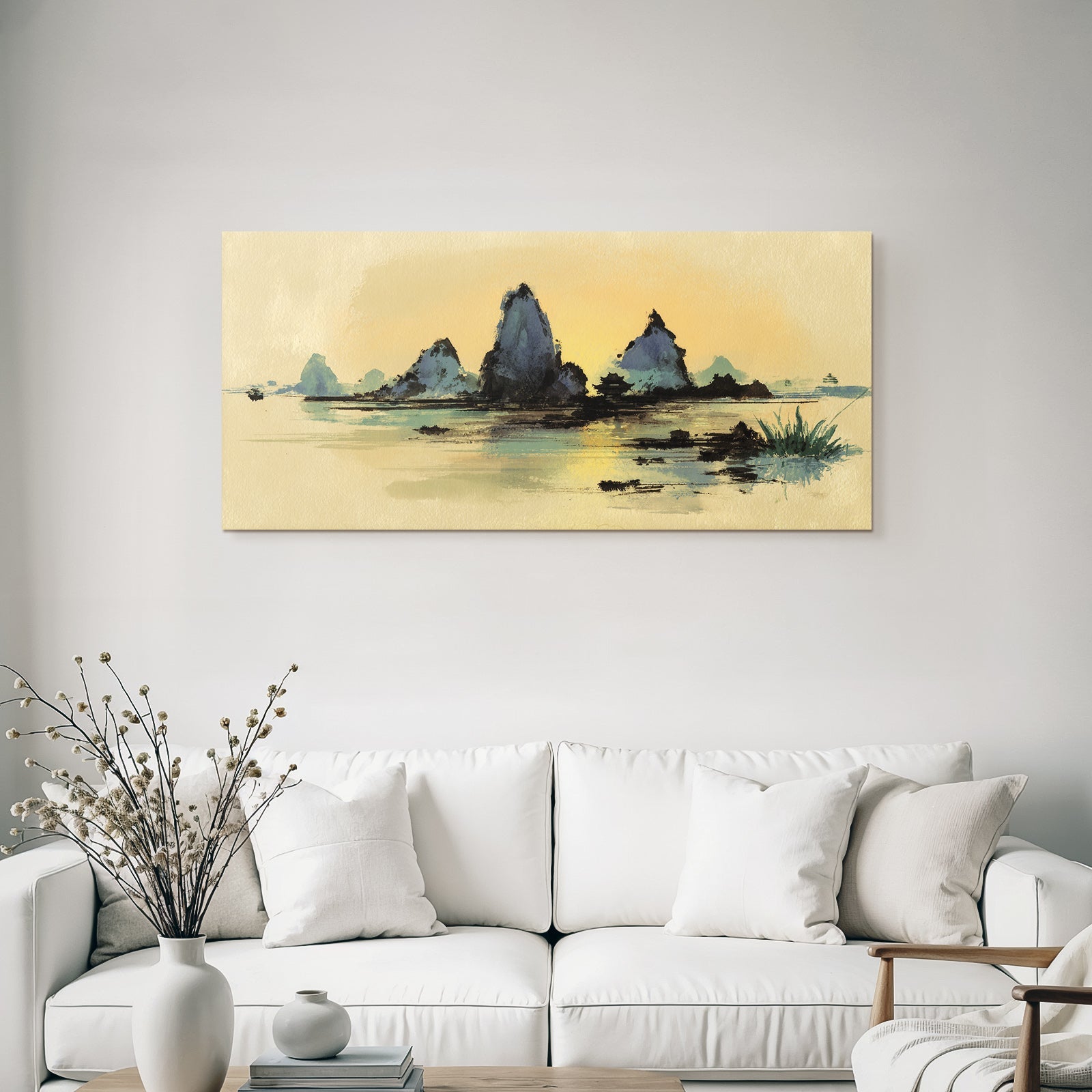 Aquarelllandschaft Bei Sonnenuntergang Mit Bergen Und See