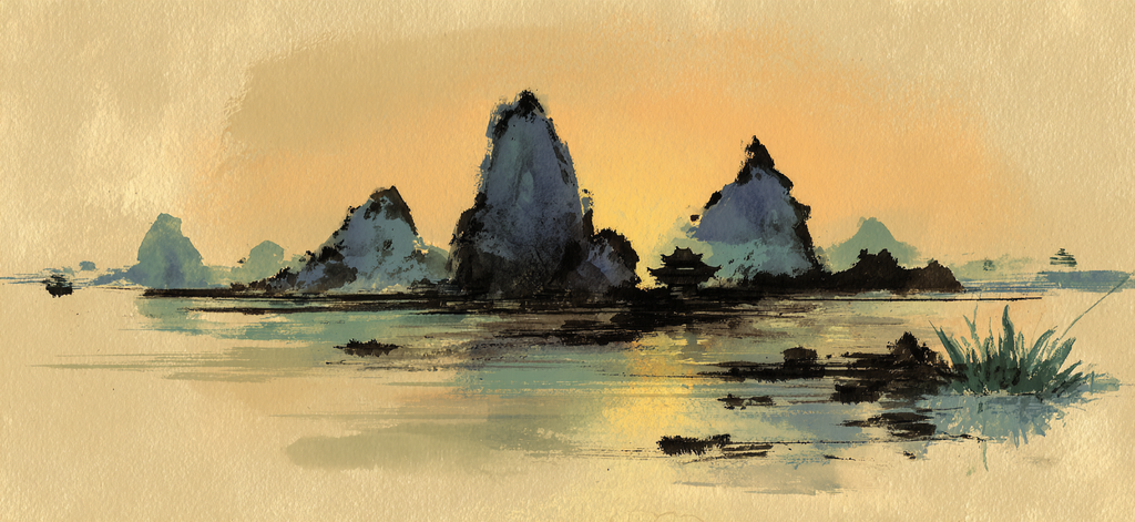 Aquarelllandschaft Bei Sonnenuntergang Mit Bergen Und See | UNESCO Weltkulturerbe | Laender und Reisen