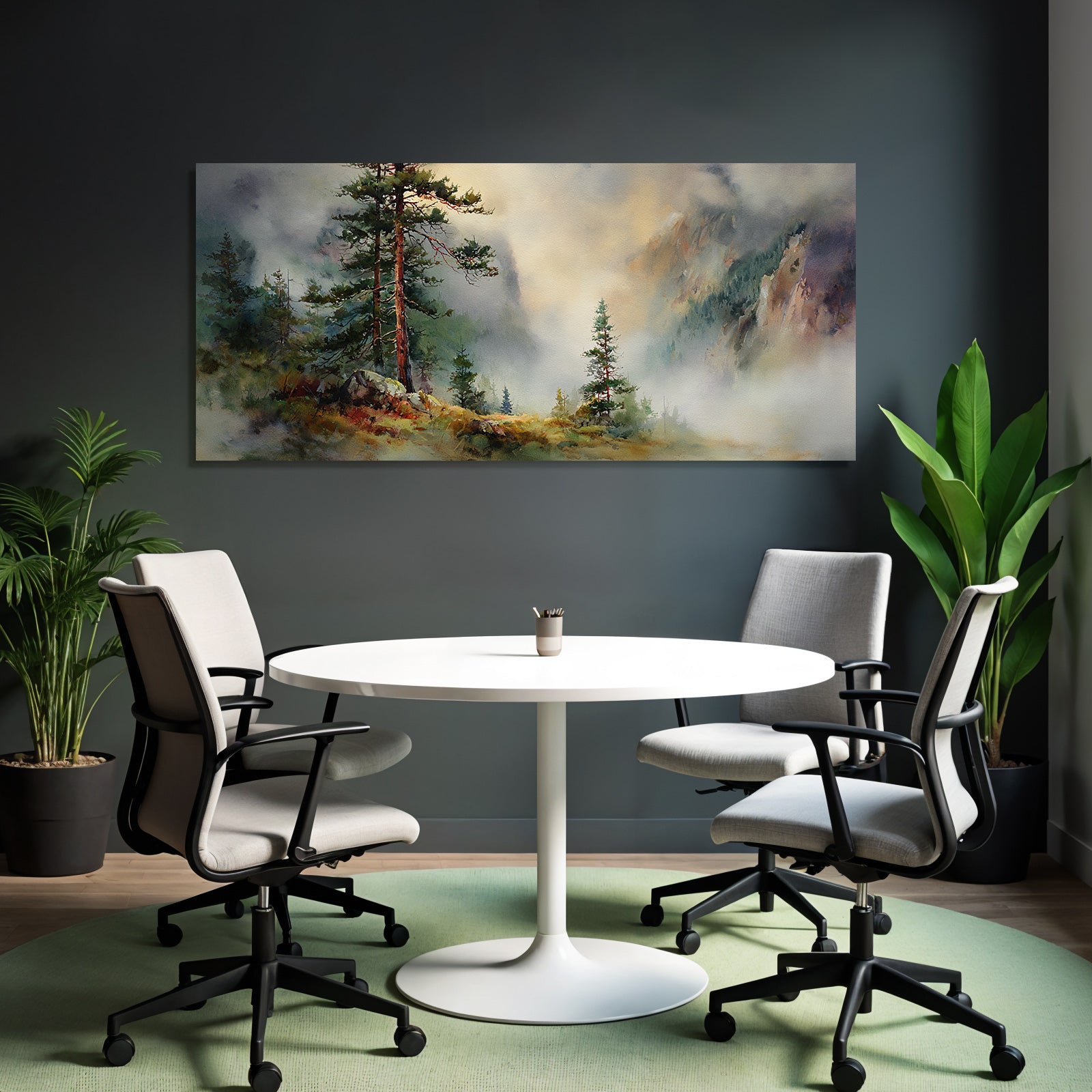 Aquarelllandschaft Mit Nebelwald Und Bergen