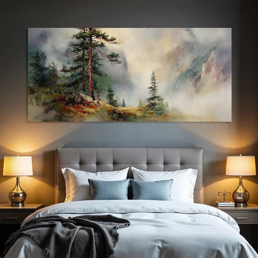 Aquarelllandschaft Mit Nebelwald Und Bergen