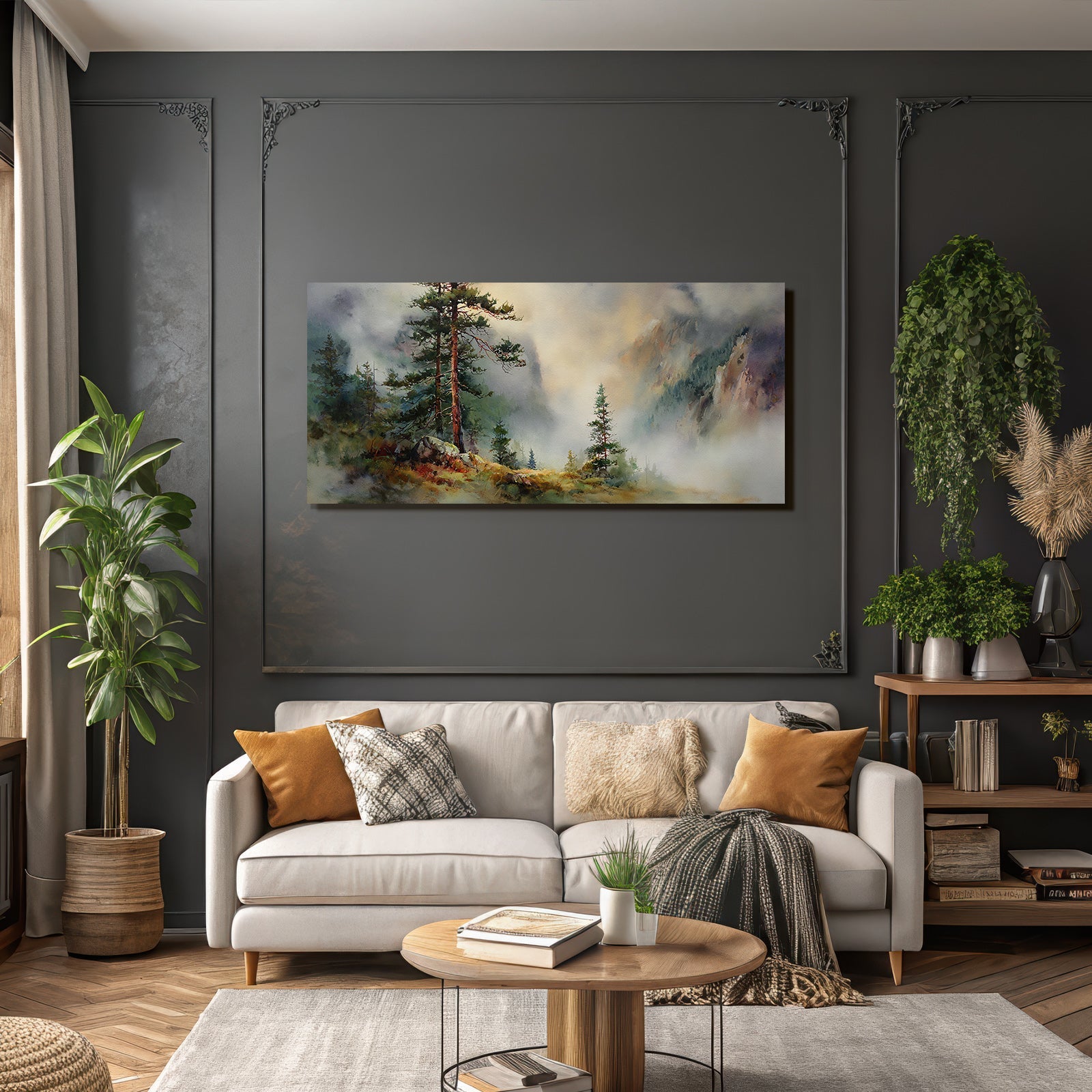 Aquarelllandschaft Mit Nebelwald Und Bergen