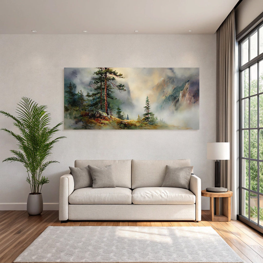 Aquarelllandschaft Mit Nebelwald Und Bergen