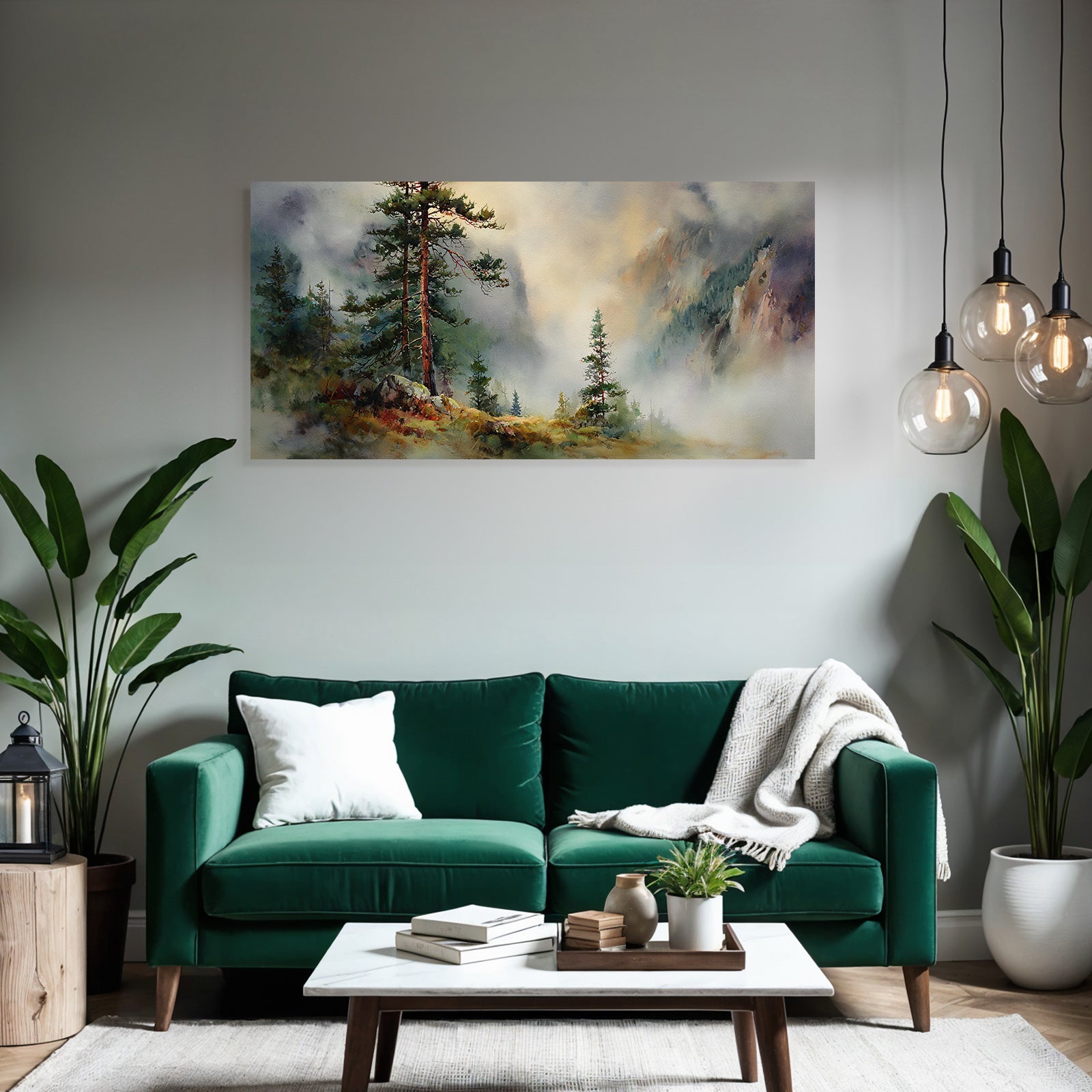 Aquarelllandschaft Mit Nebelwald Und Bergen