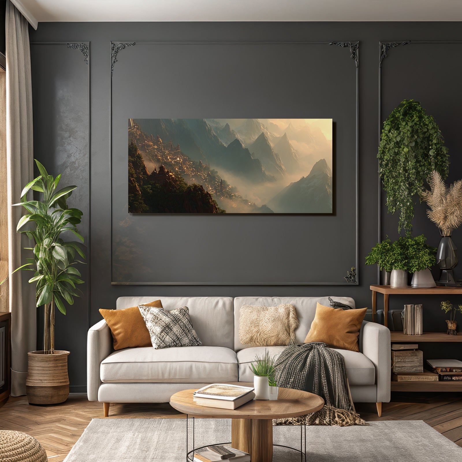 Fantastische Landschaft Mit Mythischer Bergsiedlung Und Mystischer Beleuchtung
