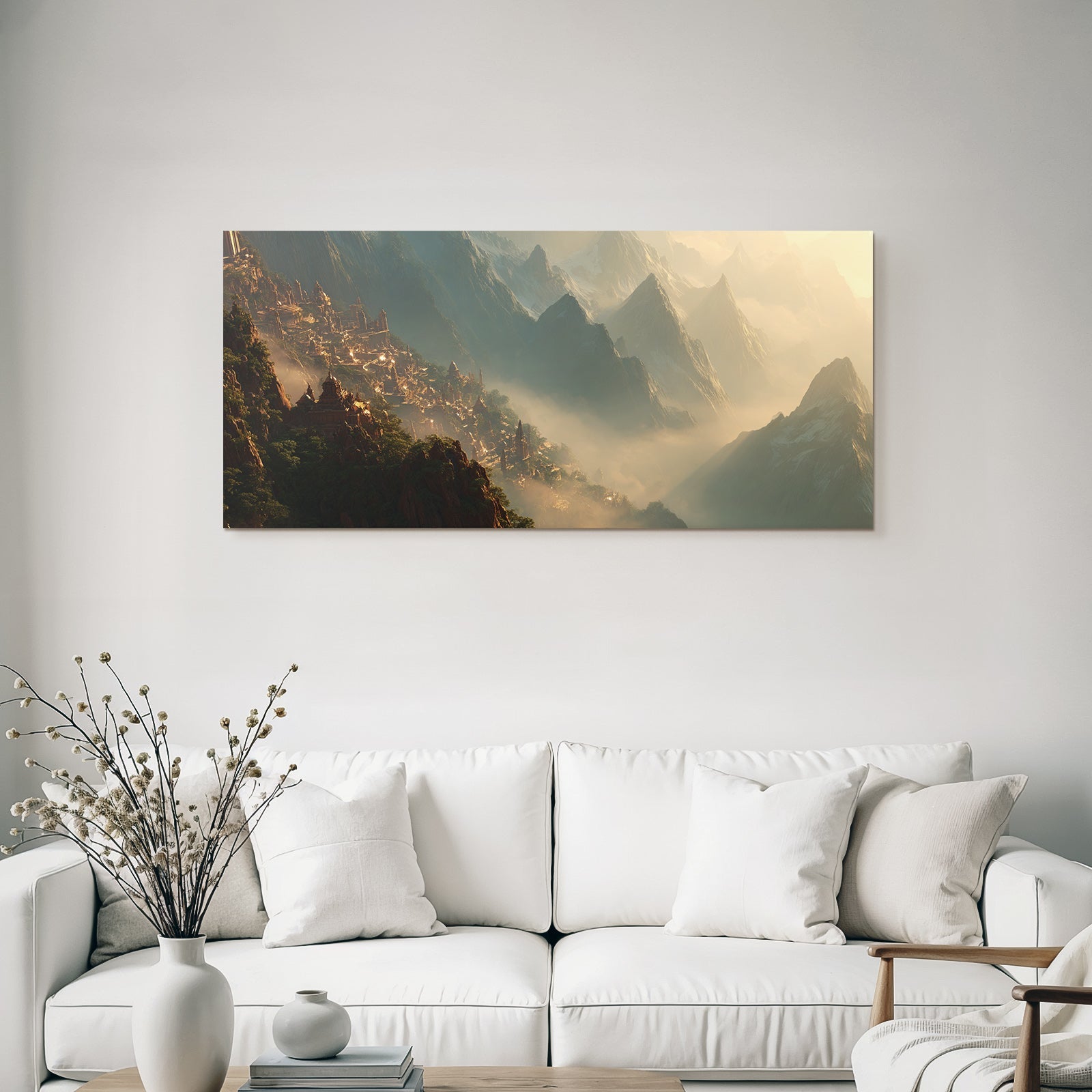 Fantastische Landschaft Mit Mythischer Bergsiedlung Und Mystischer Beleuchtung