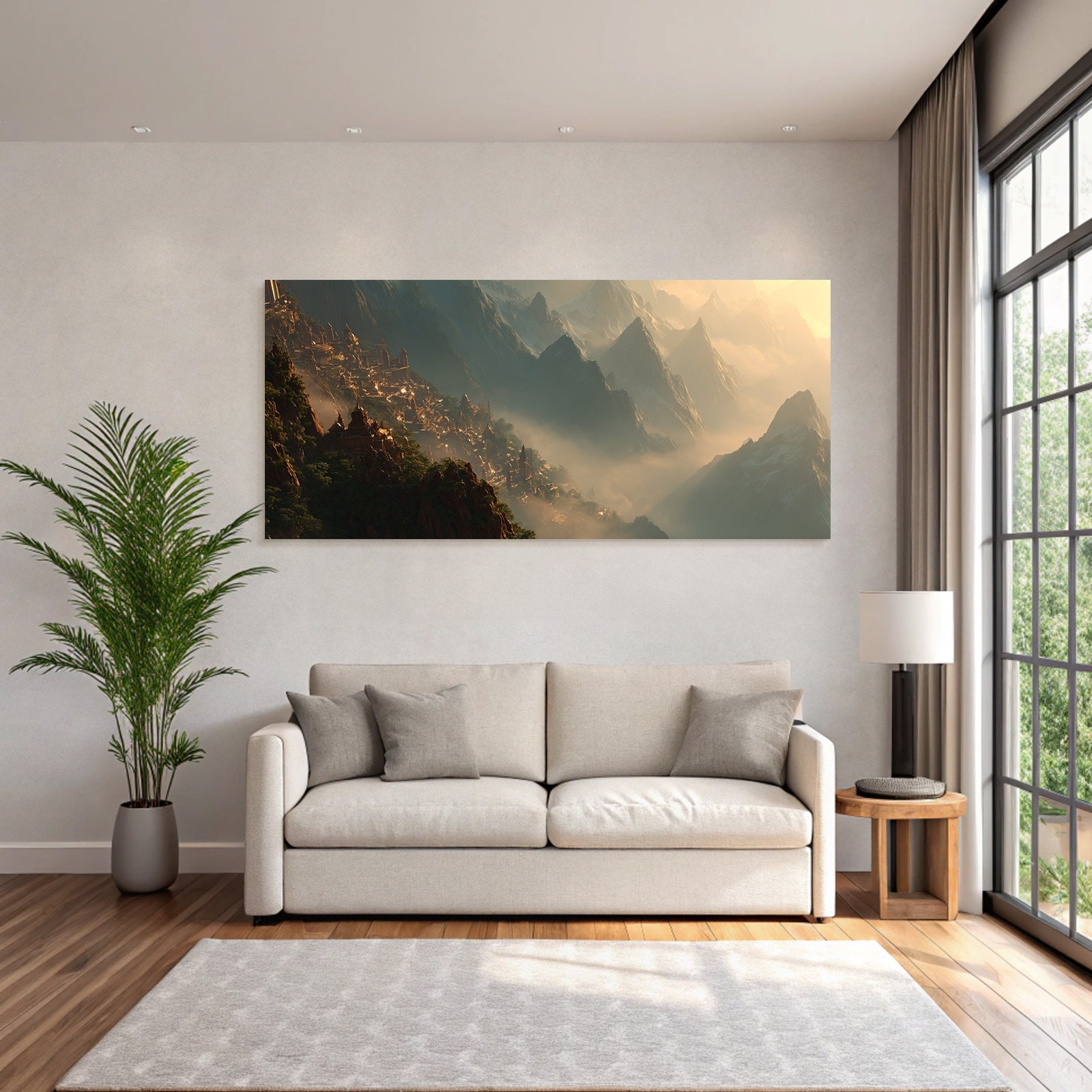 Fantastische Landschaft Mit Mythischer Bergsiedlung Und Mystischer Beleuchtung