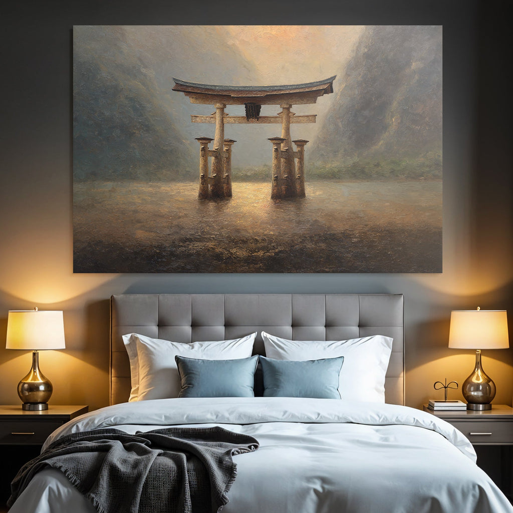 Friedliche Landschaft Mit Torii Am Ufer Mit Spiegelung Im Wasser