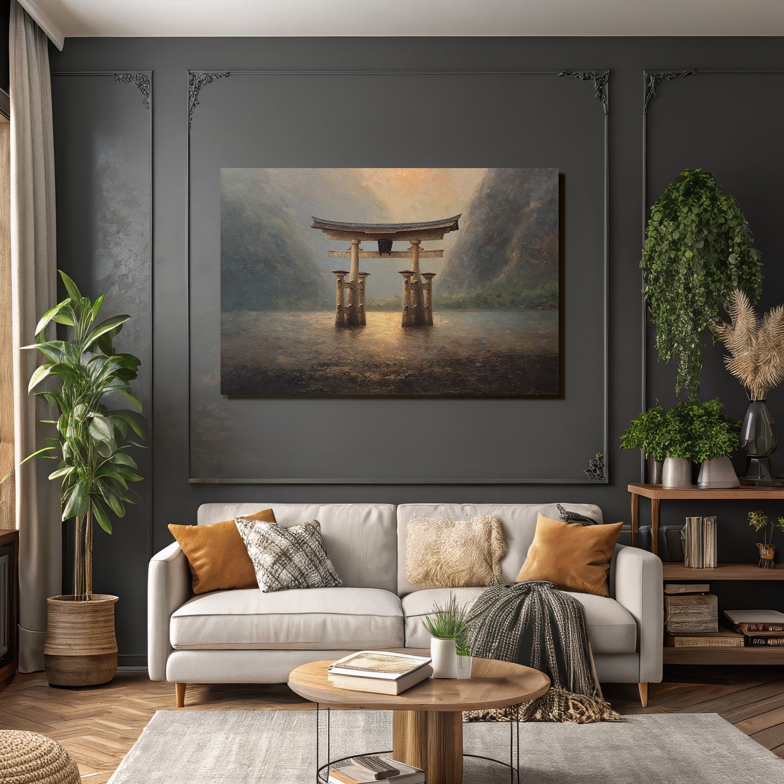 Friedliche Landschaft Mit Torii Am Ufer Mit Spiegelung Im Wasser