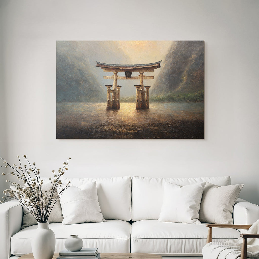 Friedliche Landschaft Mit Torii Am Ufer Mit Spiegelung Im Wasser
