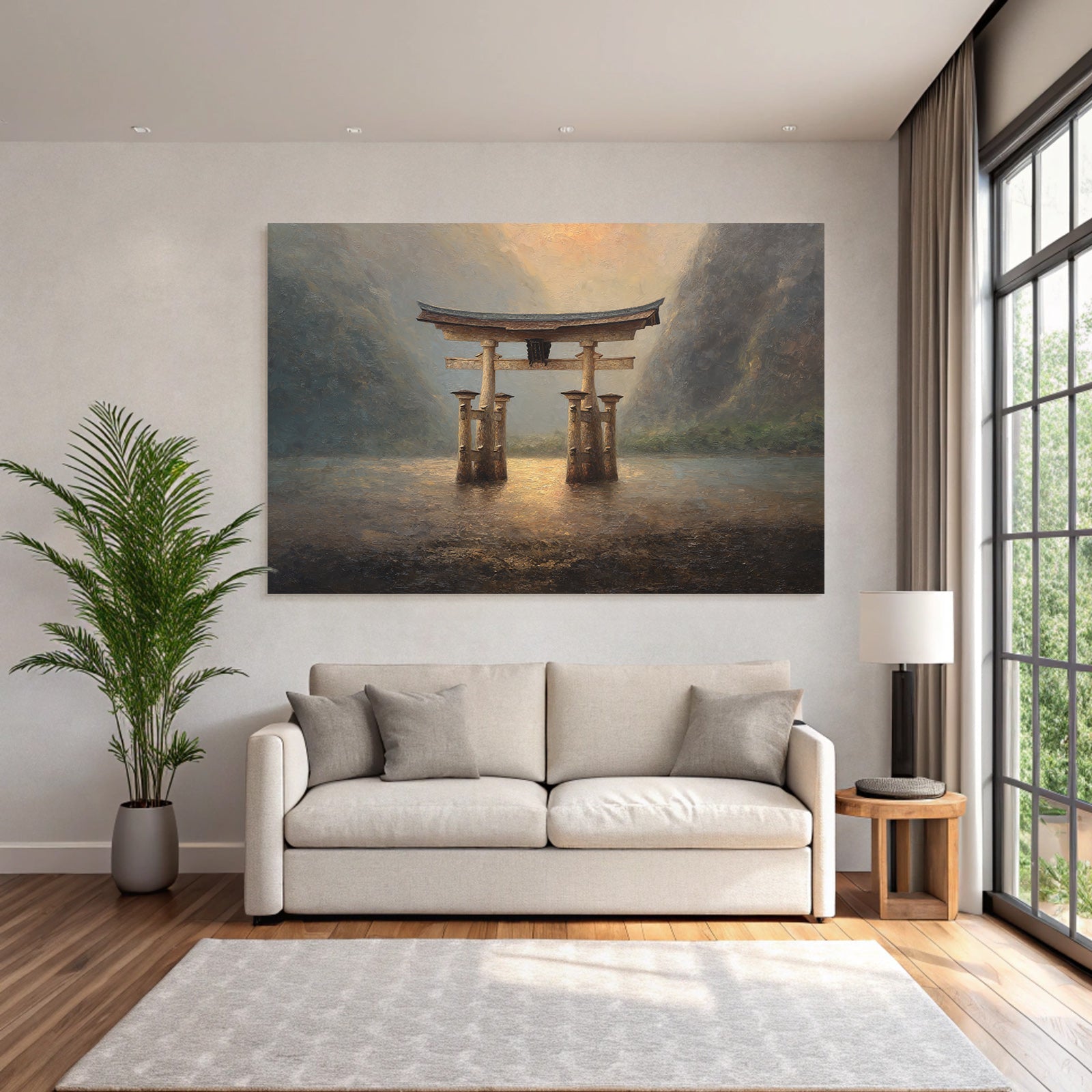 Friedliche Landschaft Mit Torii Am Ufer Mit Spiegelung Im Wasser