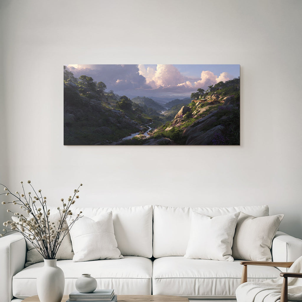 Friedliche Landschaft Mit Hügeln Bach Und Häusern Im Hintergrund