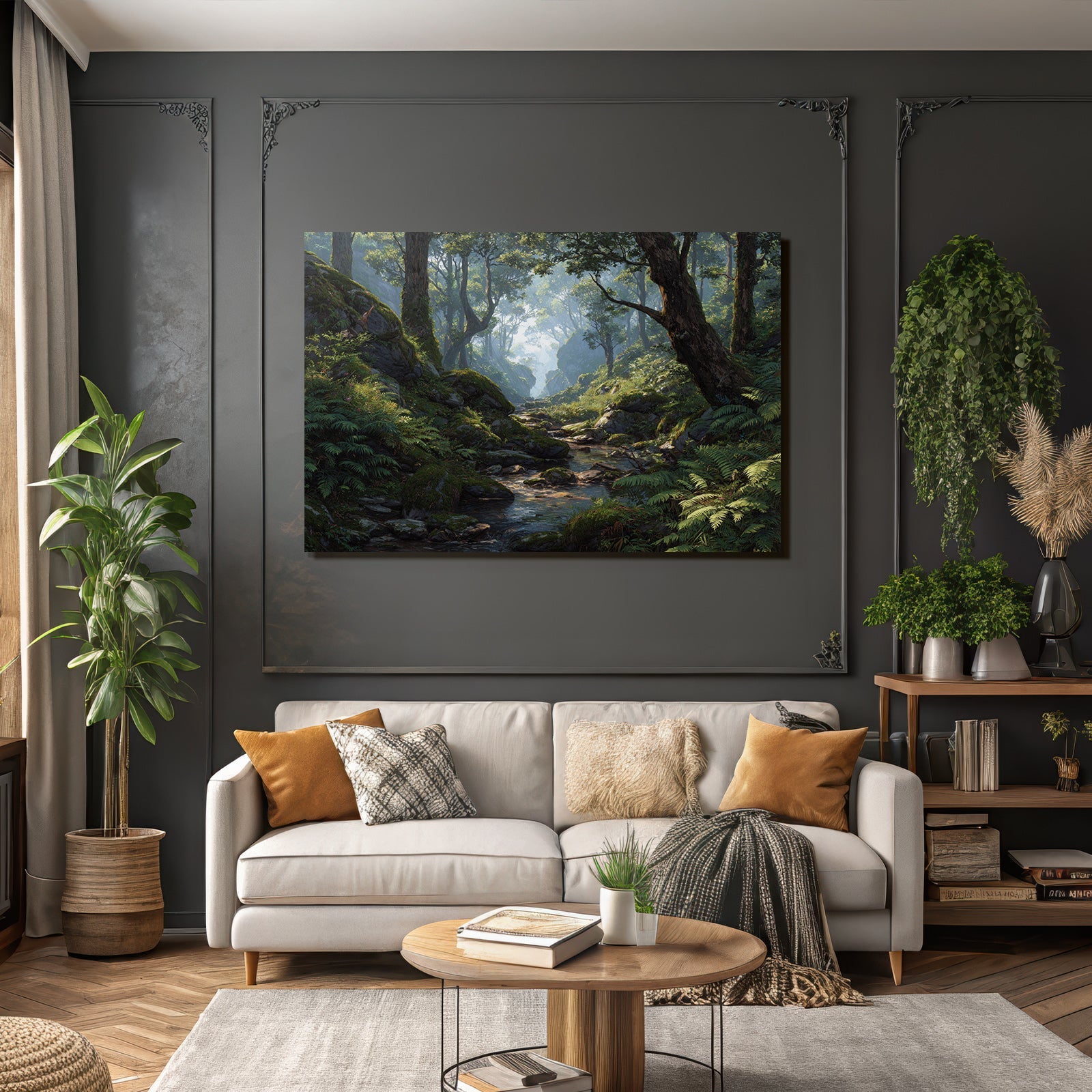Friedliche Waldlandschaft Mit Bach Und Farnen