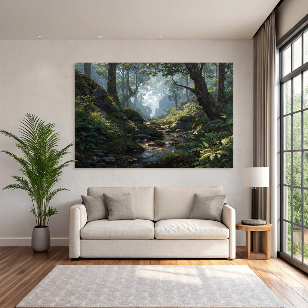 Friedliche Waldlandschaft Mit Bach Und Farnen