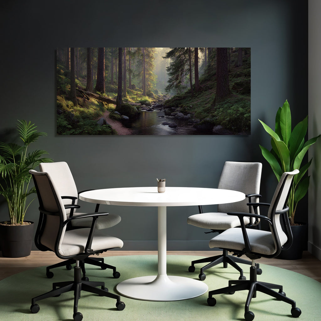 Friedlicher Waldpfad Mit Schattigem Sonnenlicht Bach Und Moosbedeckten Steinen