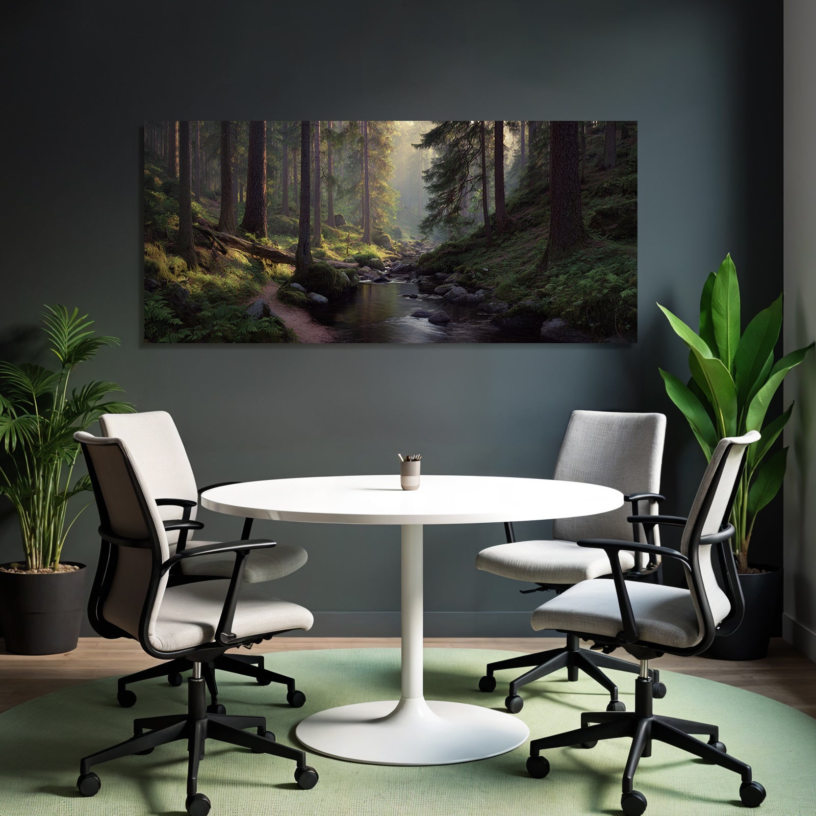 Friedlicher Waldpfad Mit Schattigem Sonnenlicht Bach Und Moosbedeckten Steinen