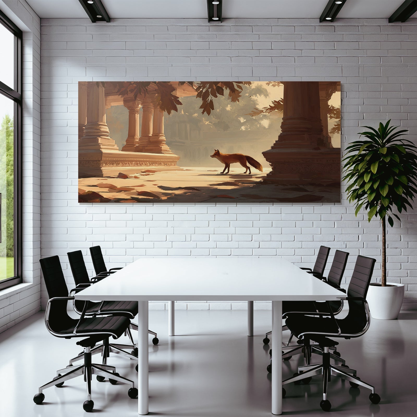 Fuchs In Alter Säulenhalle Bei Sonnenaufgang