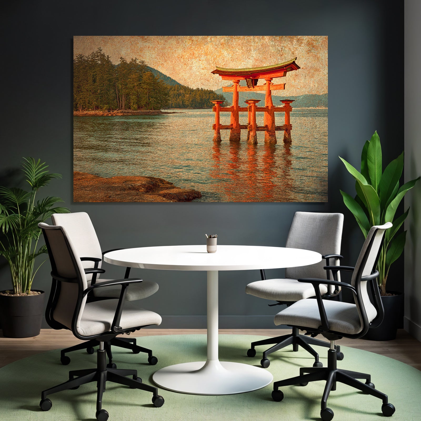 Japanisches Torii Tor Im Wasser Vor Waldbedeckten Hügeln Im Impressionistischen Stil
