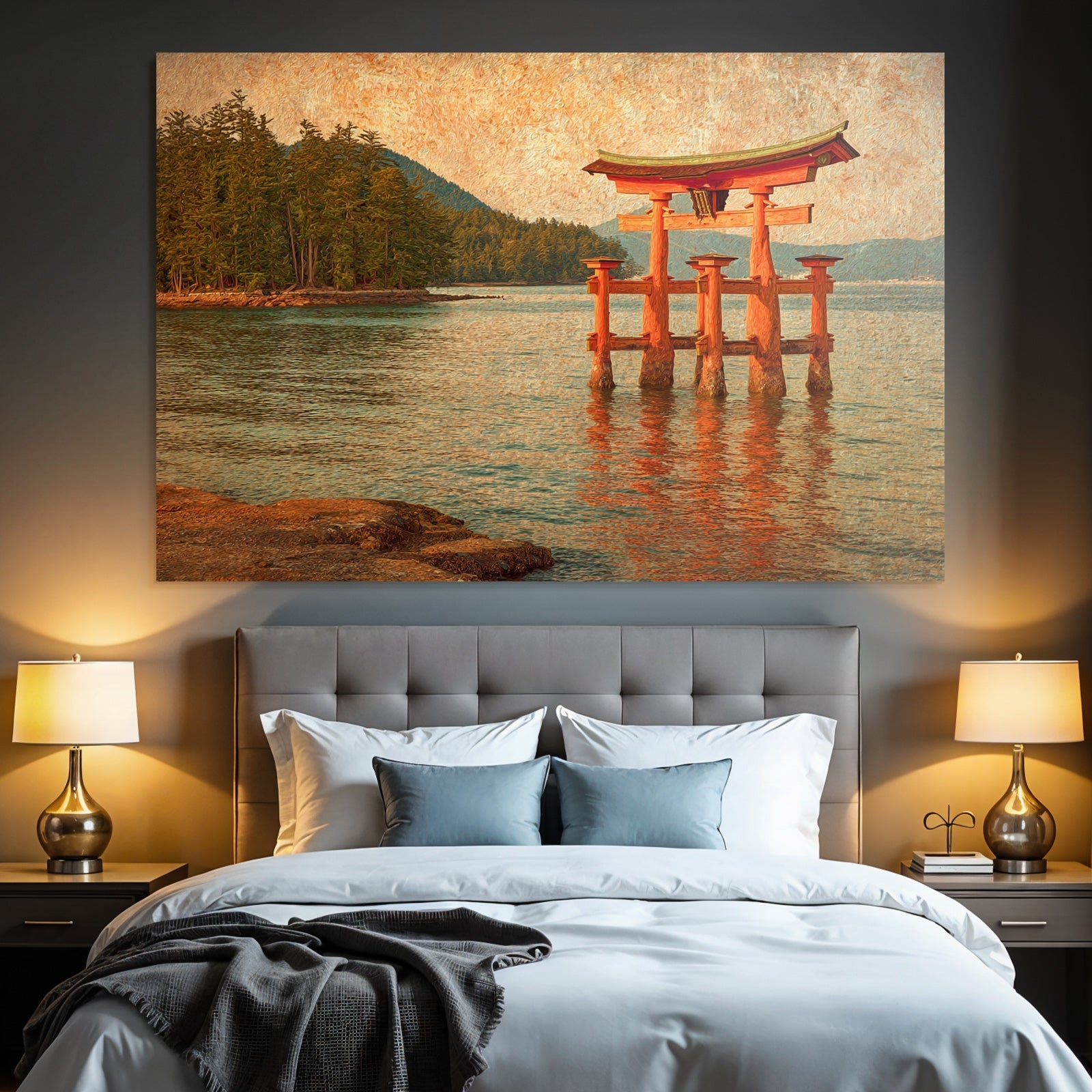 Japanisches Torii Tor Im Wasser Vor Waldbedeckten Hügeln Im Impressionistischen Stil
