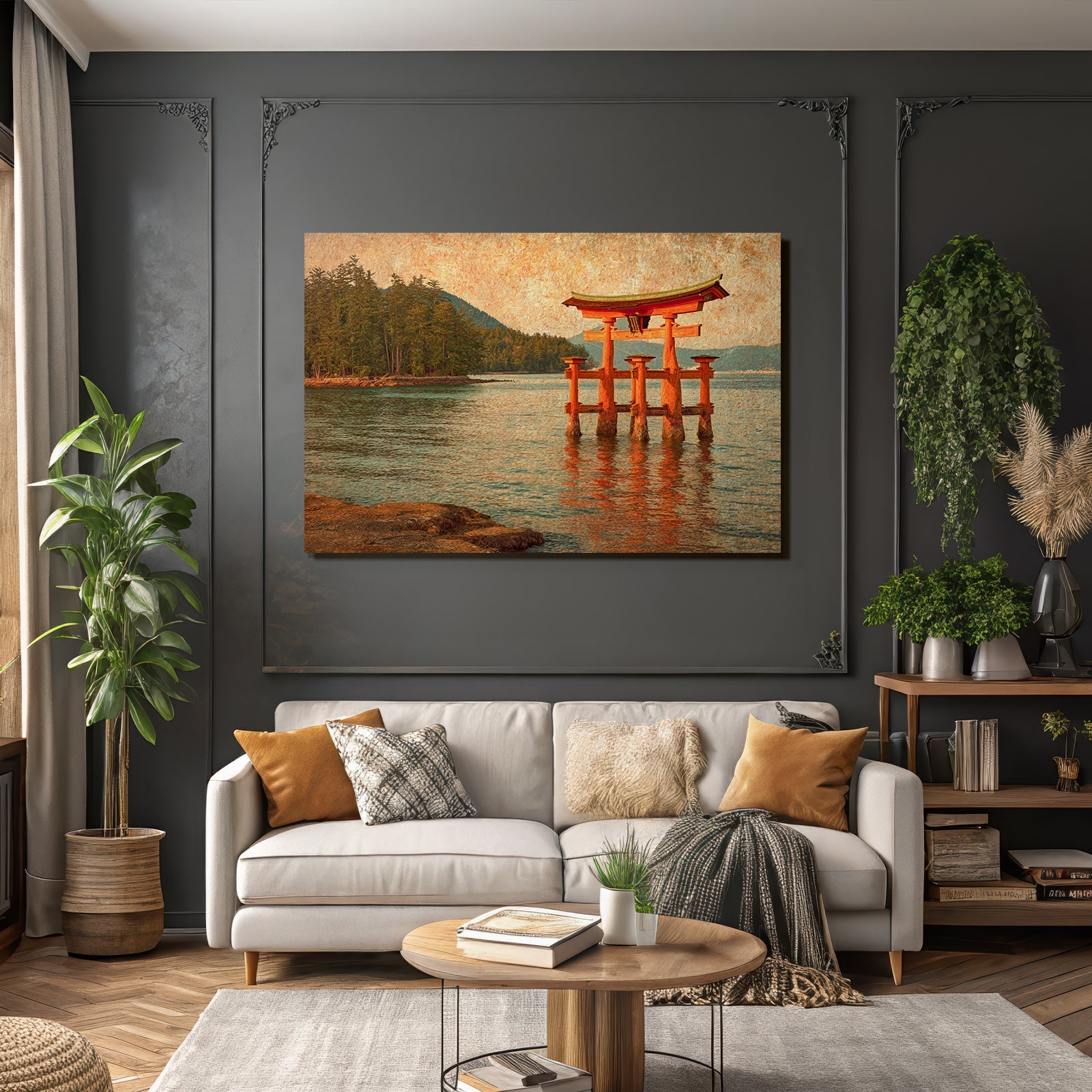 Japanisches Torii Tor Im Wasser Vor Waldbedeckten Hügeln Im Impressionistischen Stil
