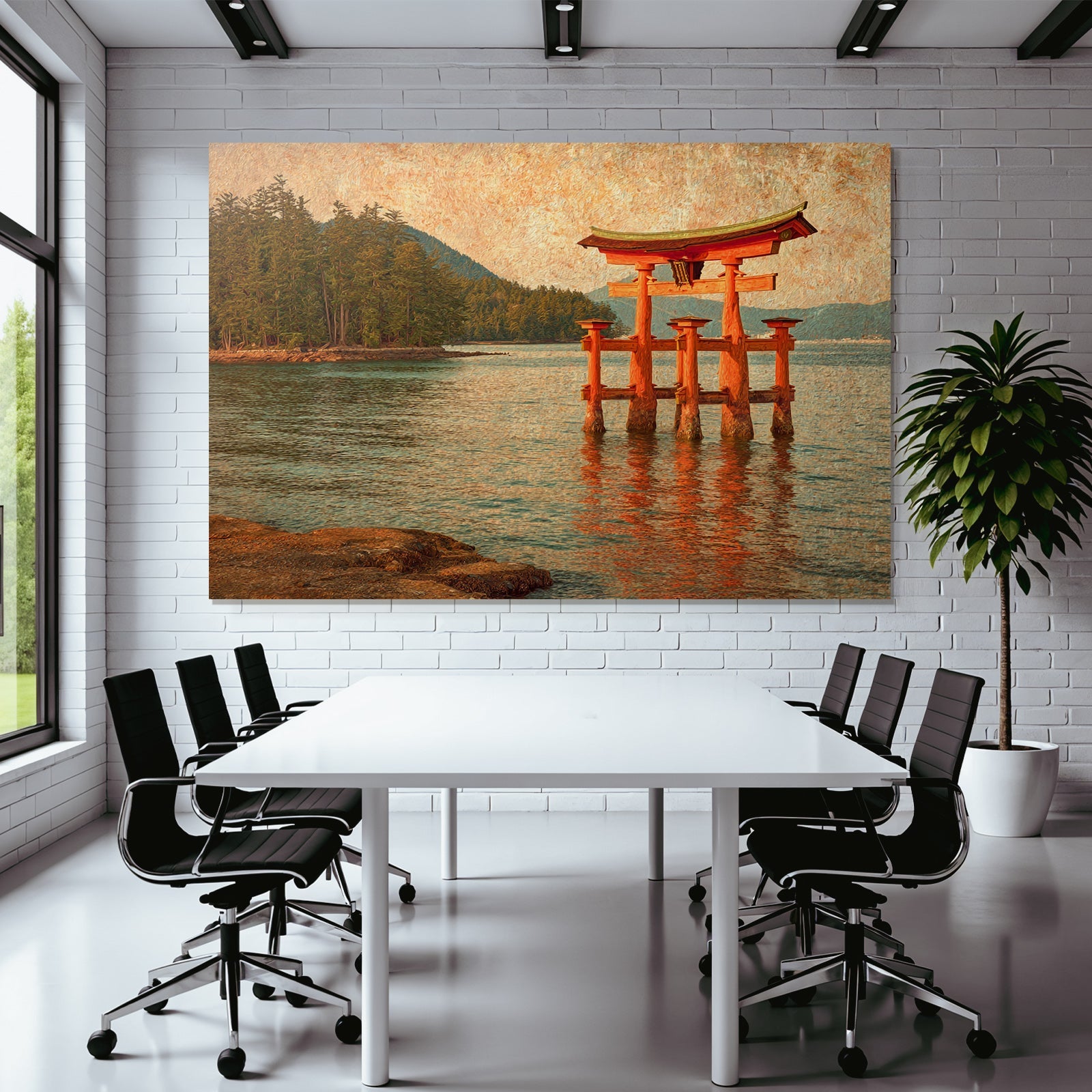 Japanisches Torii Tor Im Wasser Vor Waldbedeckten Hügeln Im Impressionistischen Stil