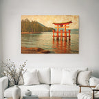 Japanisches Torii Tor Im Wasser Vor Waldbedeckten Hügeln Im Impressionistischen Stil