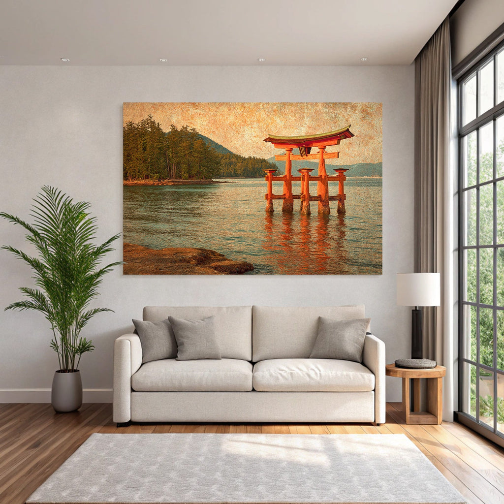 Japanisches Torii Tor Im Wasser Vor Waldbedeckten Hügeln Im Impressionistischen Stil