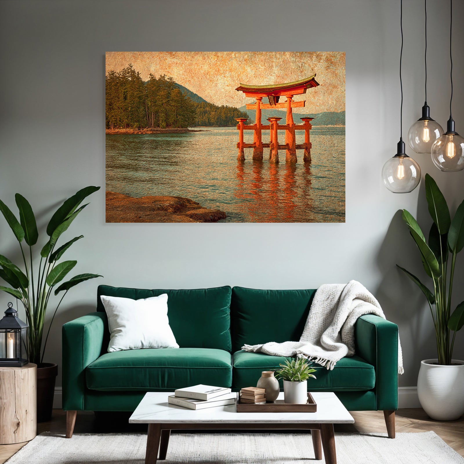 Japanisches Torii Tor Im Wasser Vor Waldbedeckten Hügeln Im Impressionistischen Stil