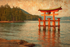 Japanisches Torii Tor Im Wasser Vor Waldbedeckten Hügeln Im Impressionistischen Stil | UNESCO Weltkulturerbe | Laender und Reisen