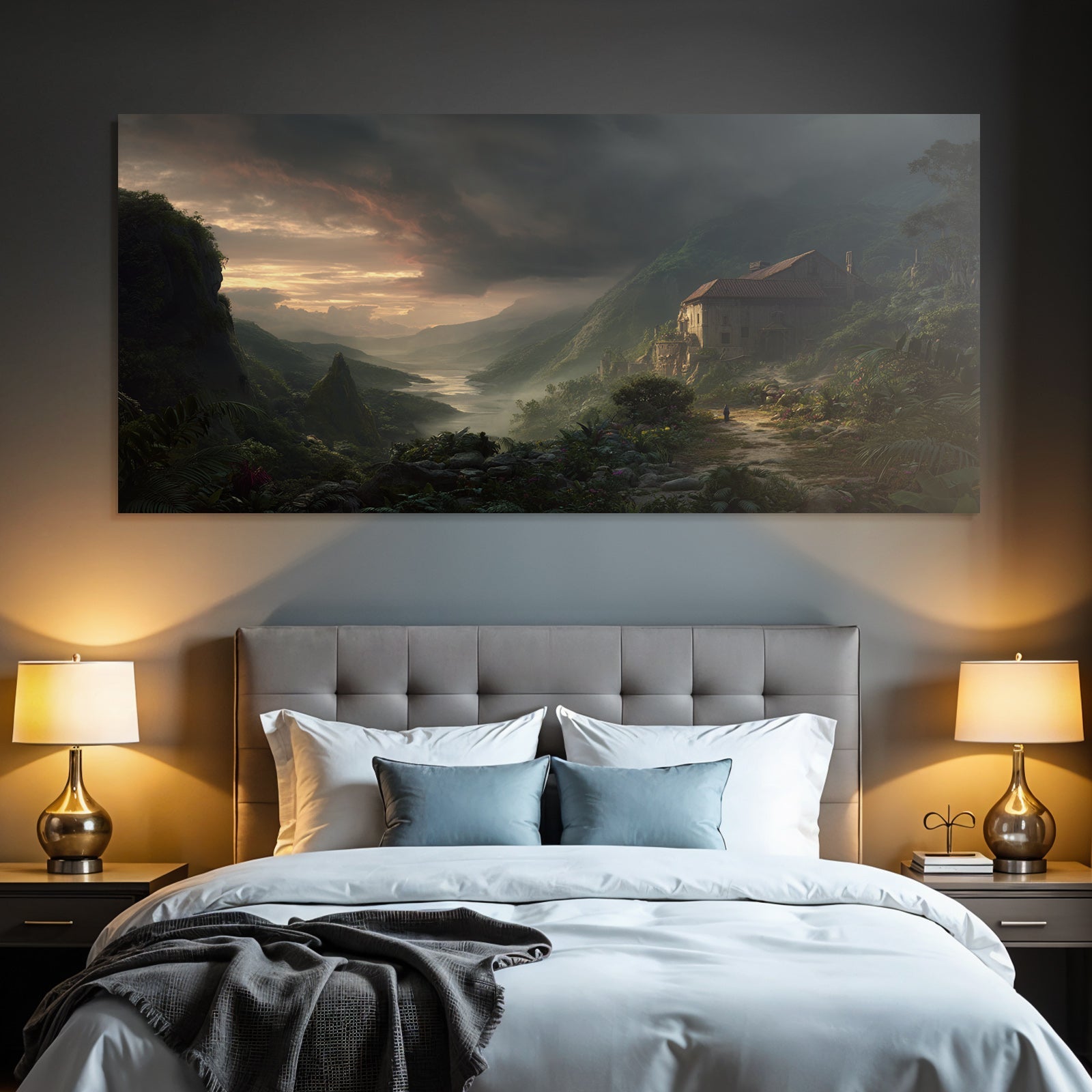 Mystische Landschaft Mit Haus In Den Bergen Und Einem Wanderer