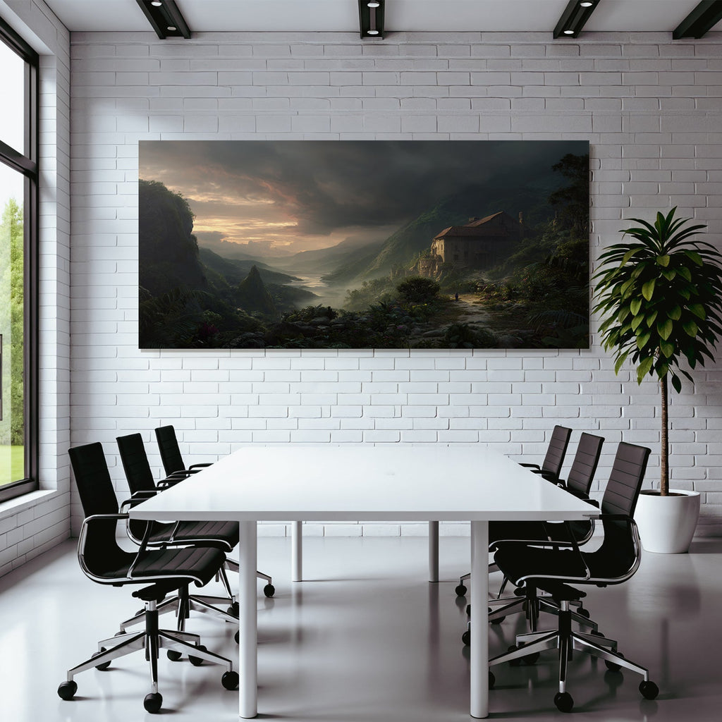 Mystische Landschaft Mit Haus In Den Bergen Und Einem Wanderer