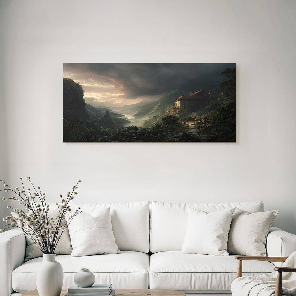 Mystische Landschaft Mit Haus In Den Bergen Und Einem Wanderer