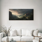 Mystische Landschaft Mit Haus In Den Bergen Und Einem Wanderer