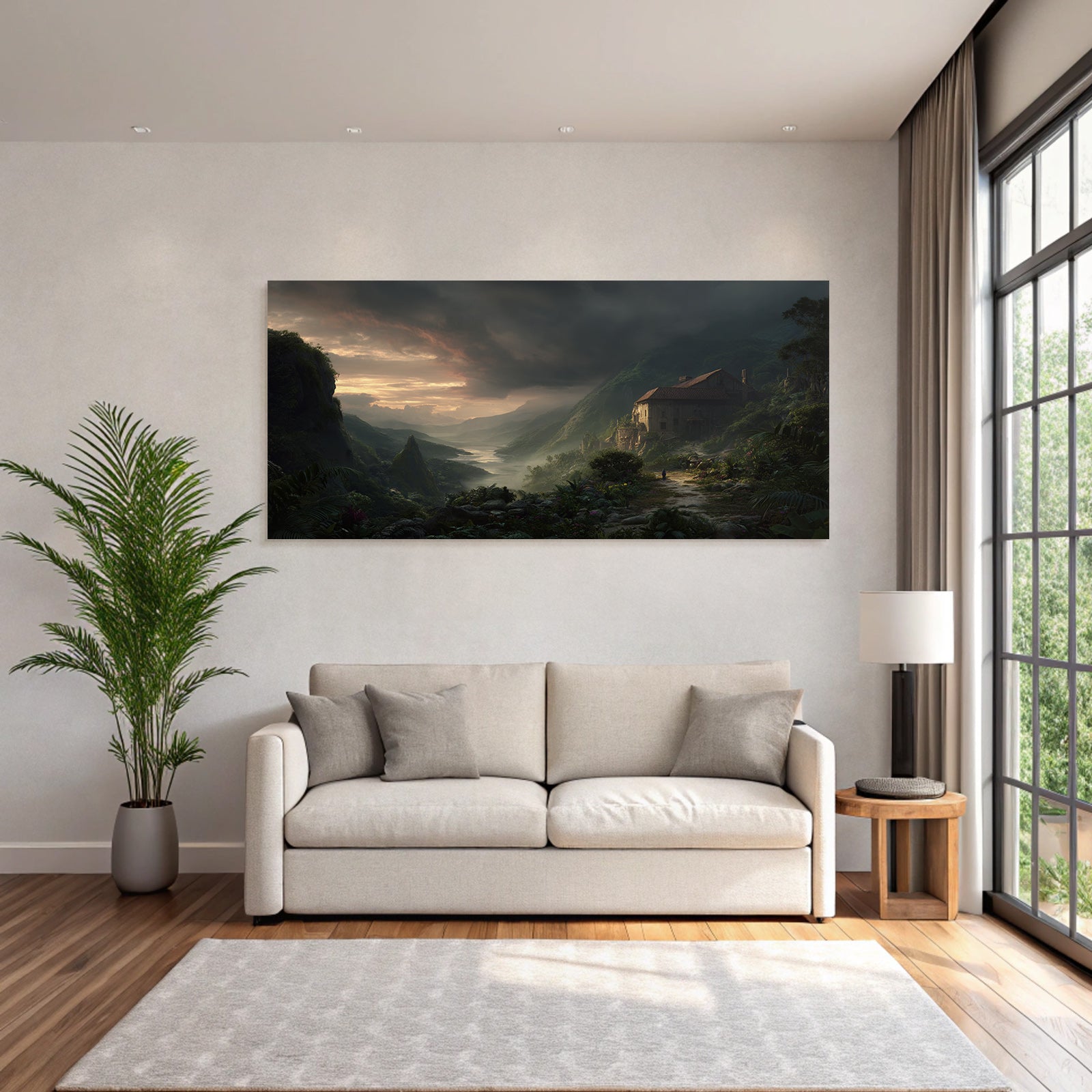 Mystische Landschaft Mit Haus In Den Bergen Und Einem Wanderer