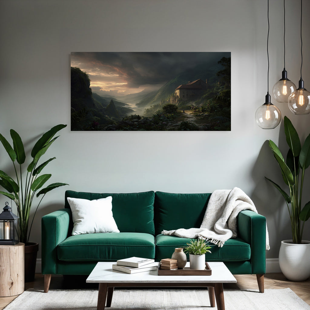 Mystische Landschaft Mit Haus In Den Bergen Und Einem Wanderer