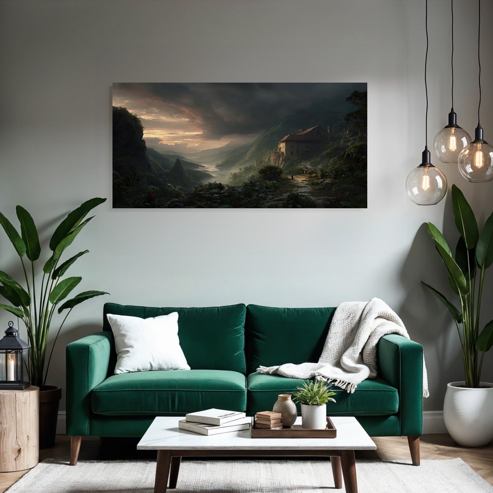 Mystische Landschaft Mit Haus In Den Bergen Und Einem Wanderer