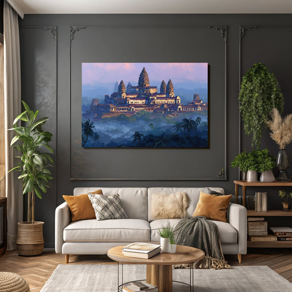 Mystische Tempelanlage Mit Palmen Und Nebel