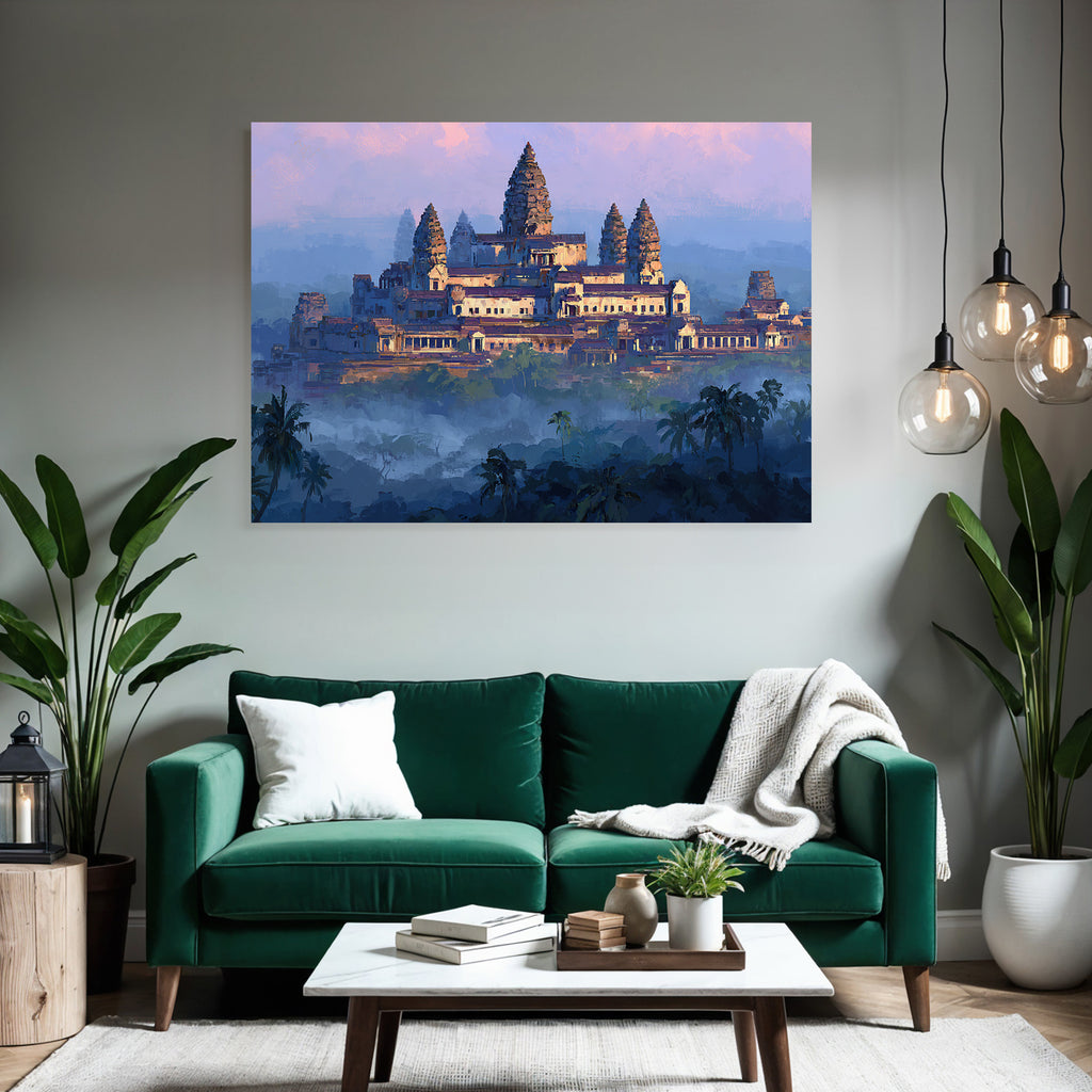 Mystische Tempelanlage Mit Palmen Und Nebel