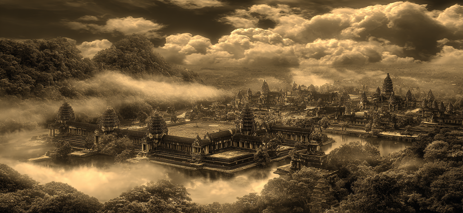 Mystischer Antiker Tempel In Sepia Umgeben Von Üppigem Grün Und Wolkennebel | UNESCO Weltkulturerbe | Laender und Reisen