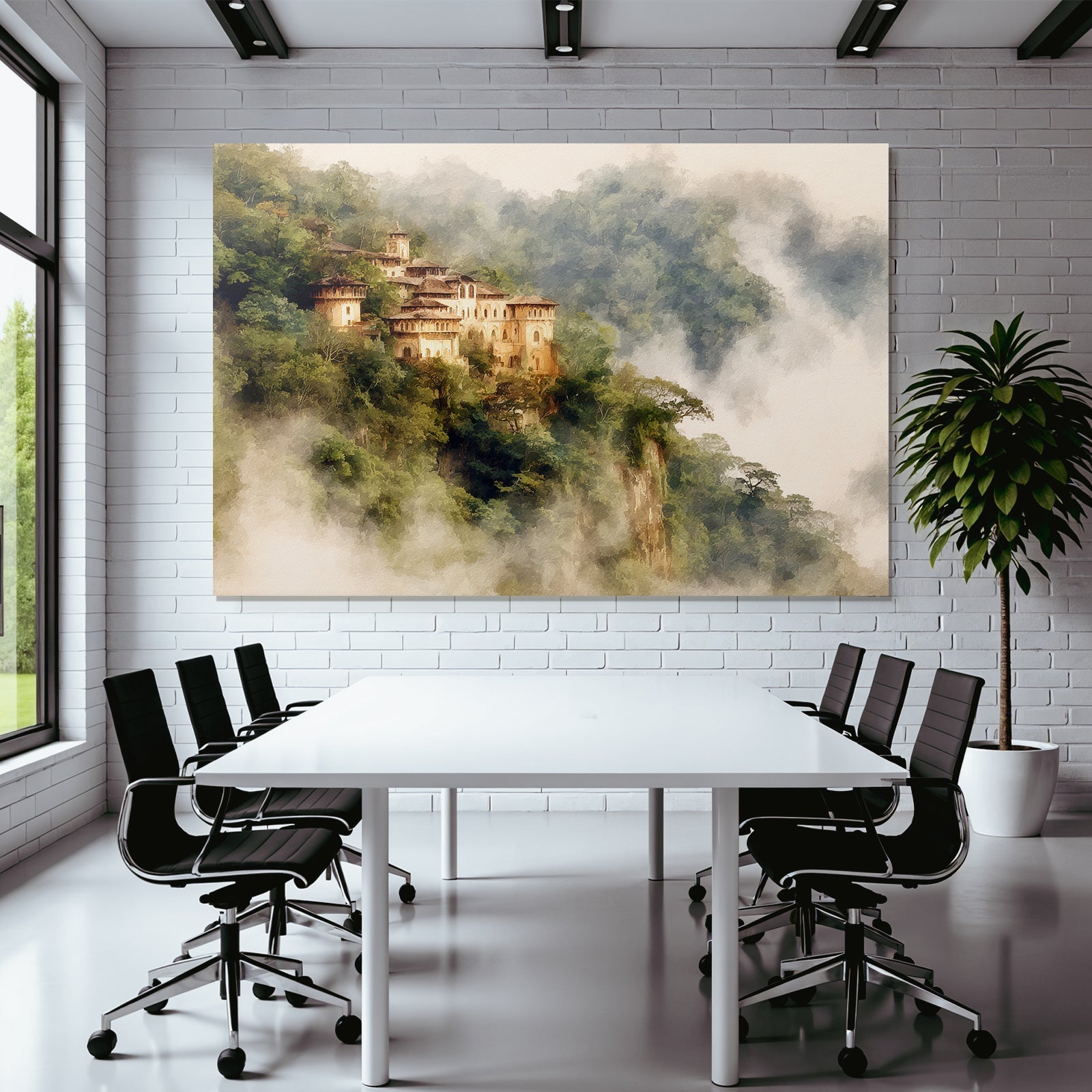Nebelige Berglandschaft Mit Historischem Kloster In Grüner Vegetation