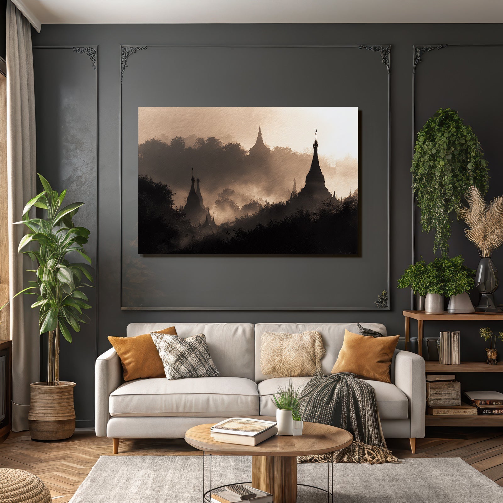 Nebelverhangene Stupas In Monochromer Landschaft