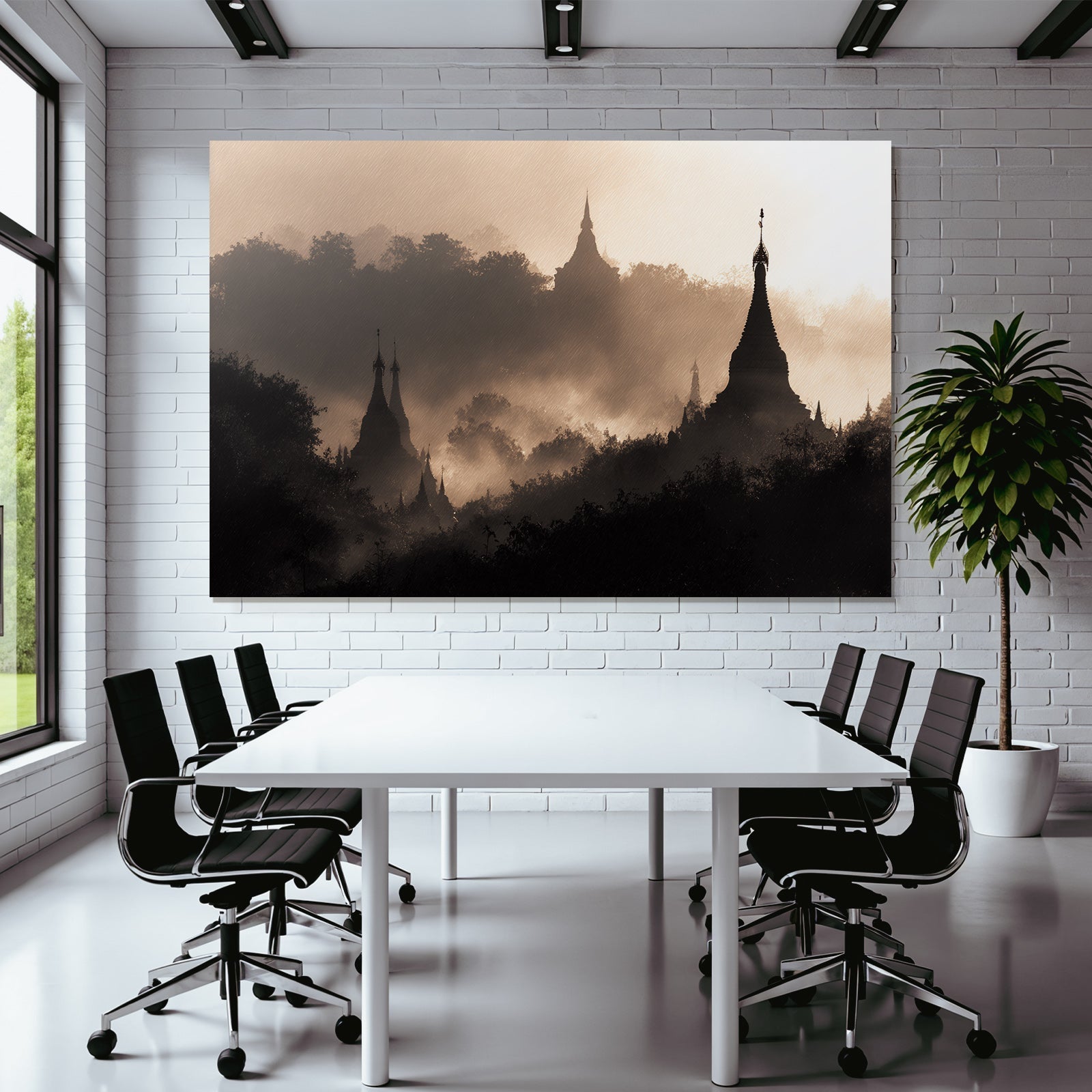 Nebelverhangene Stupas In Monochromer Landschaft