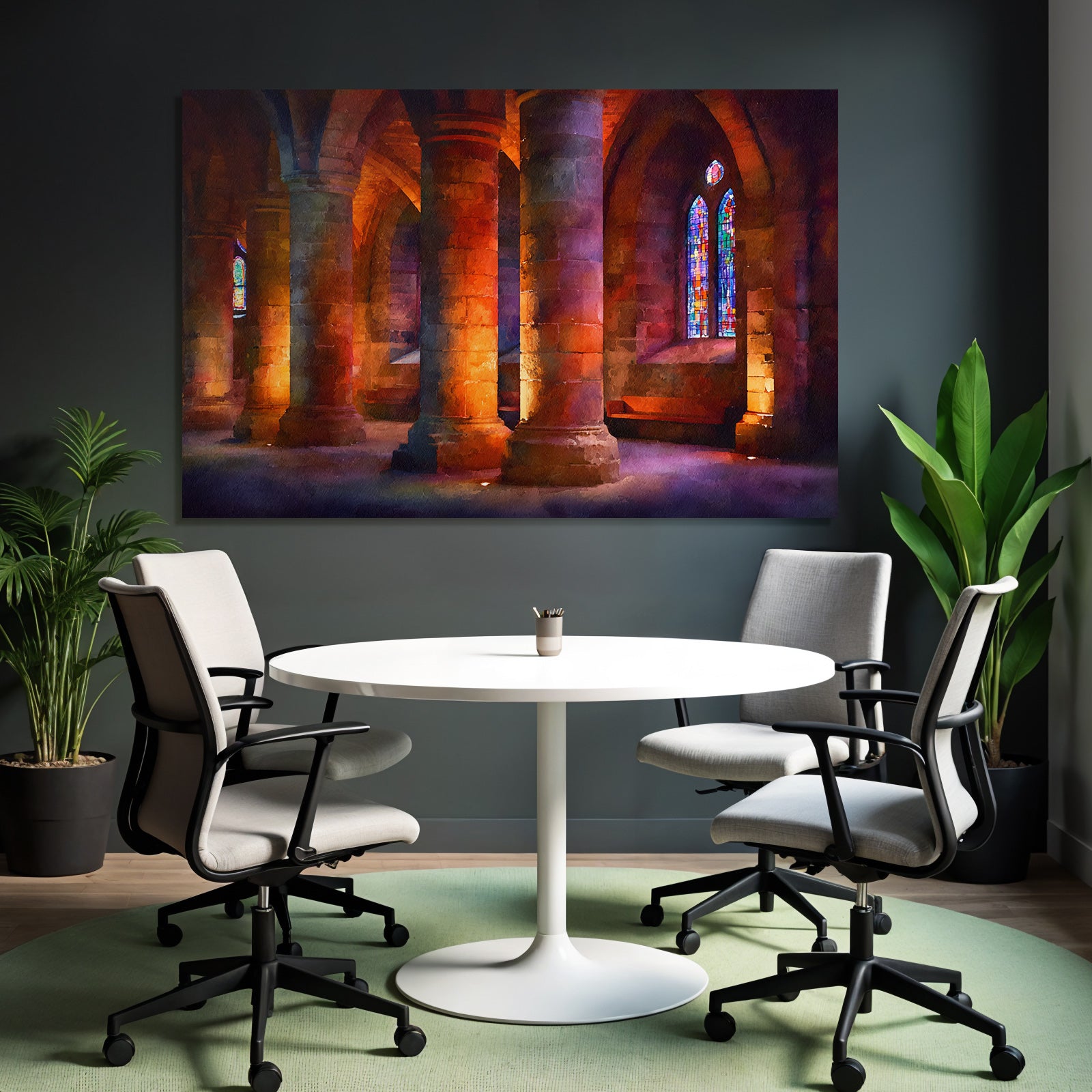 Steininterieur Mit Turmhohen Bogensaulen Und Buntglasfenstern In Warmem Licht