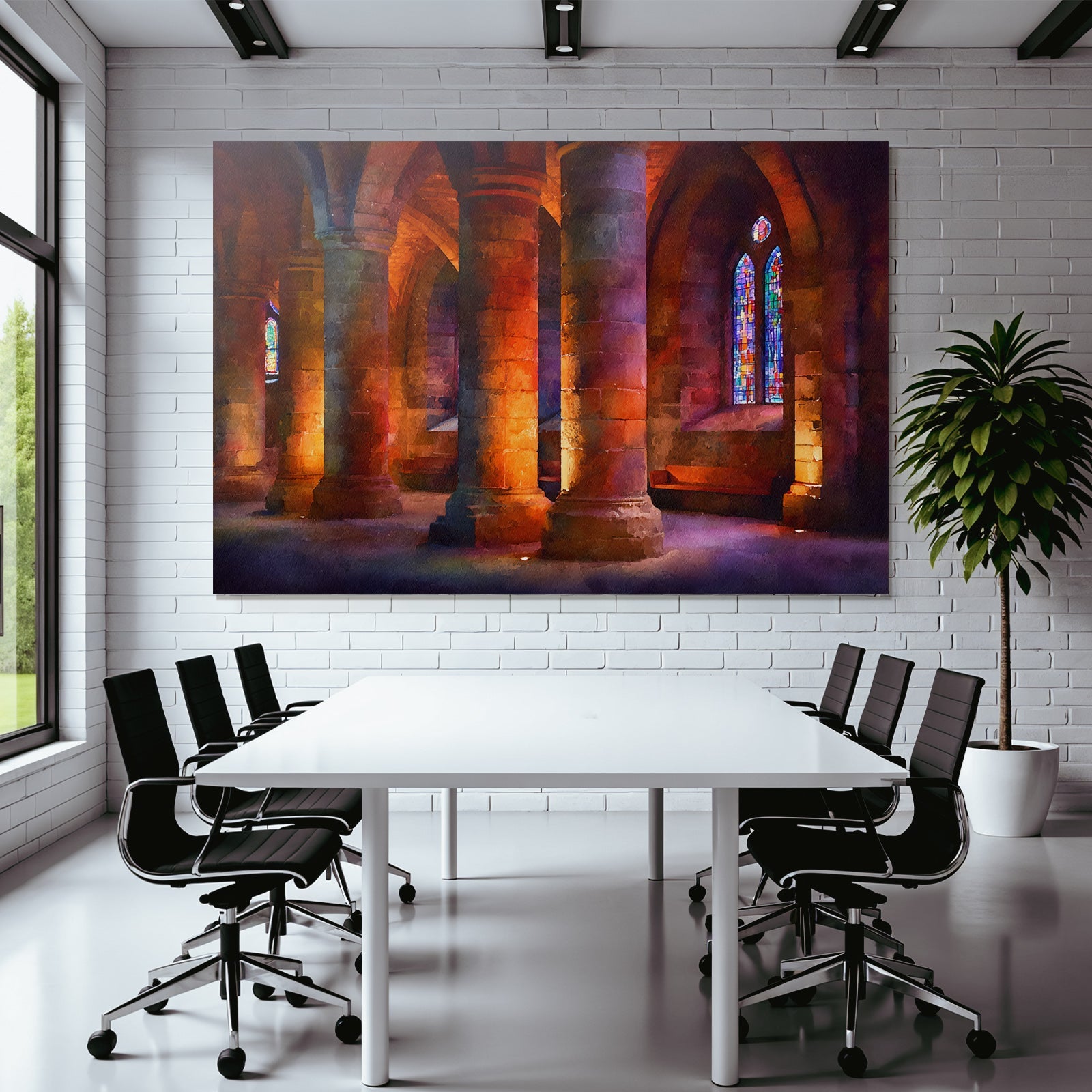 Steininterieur Mit Turmhohen Bogensaulen Und Buntglasfenstern In Warmem Licht