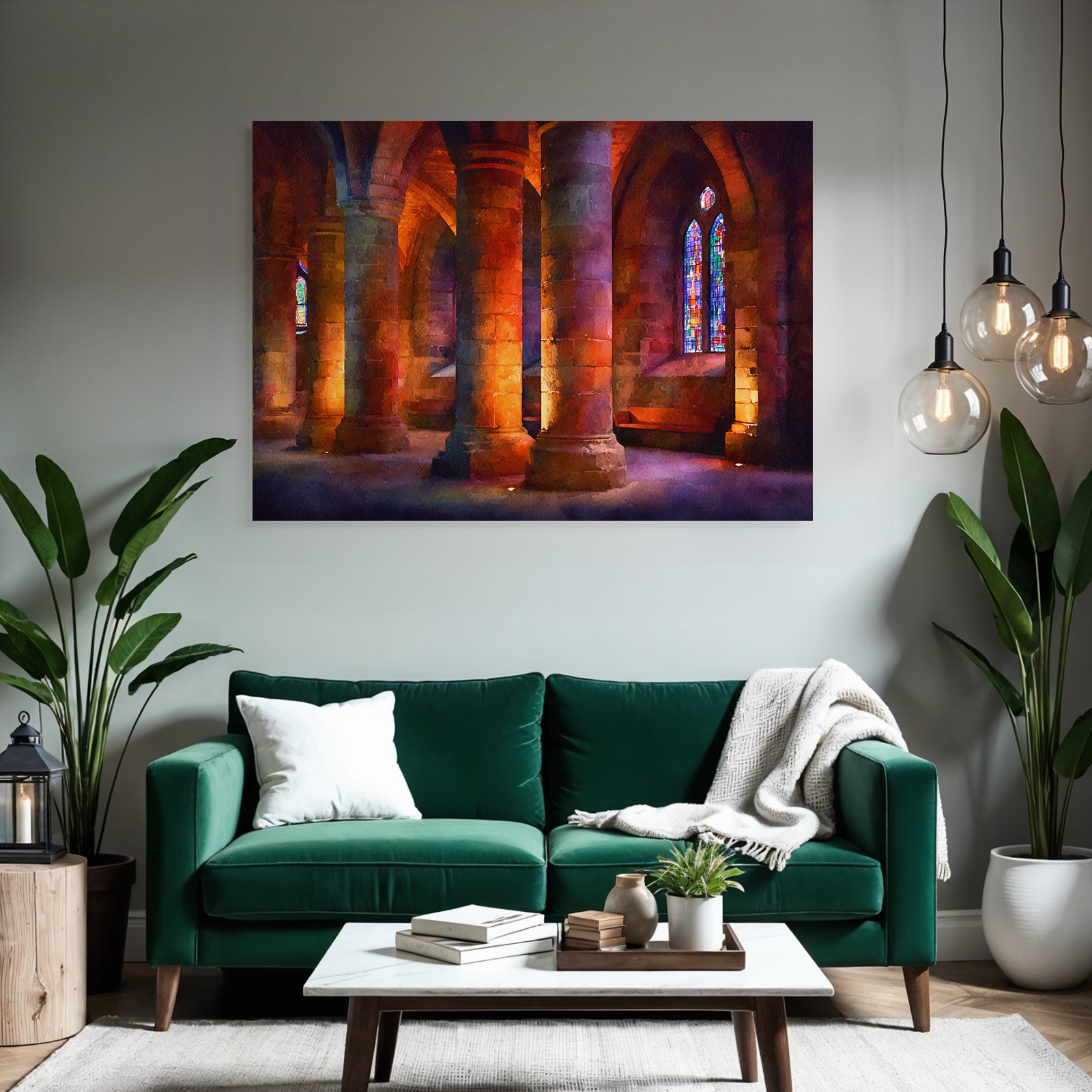 Steininterieur Mit Turmhohen Bogensaulen Und Buntglasfenstern In Warmem Licht