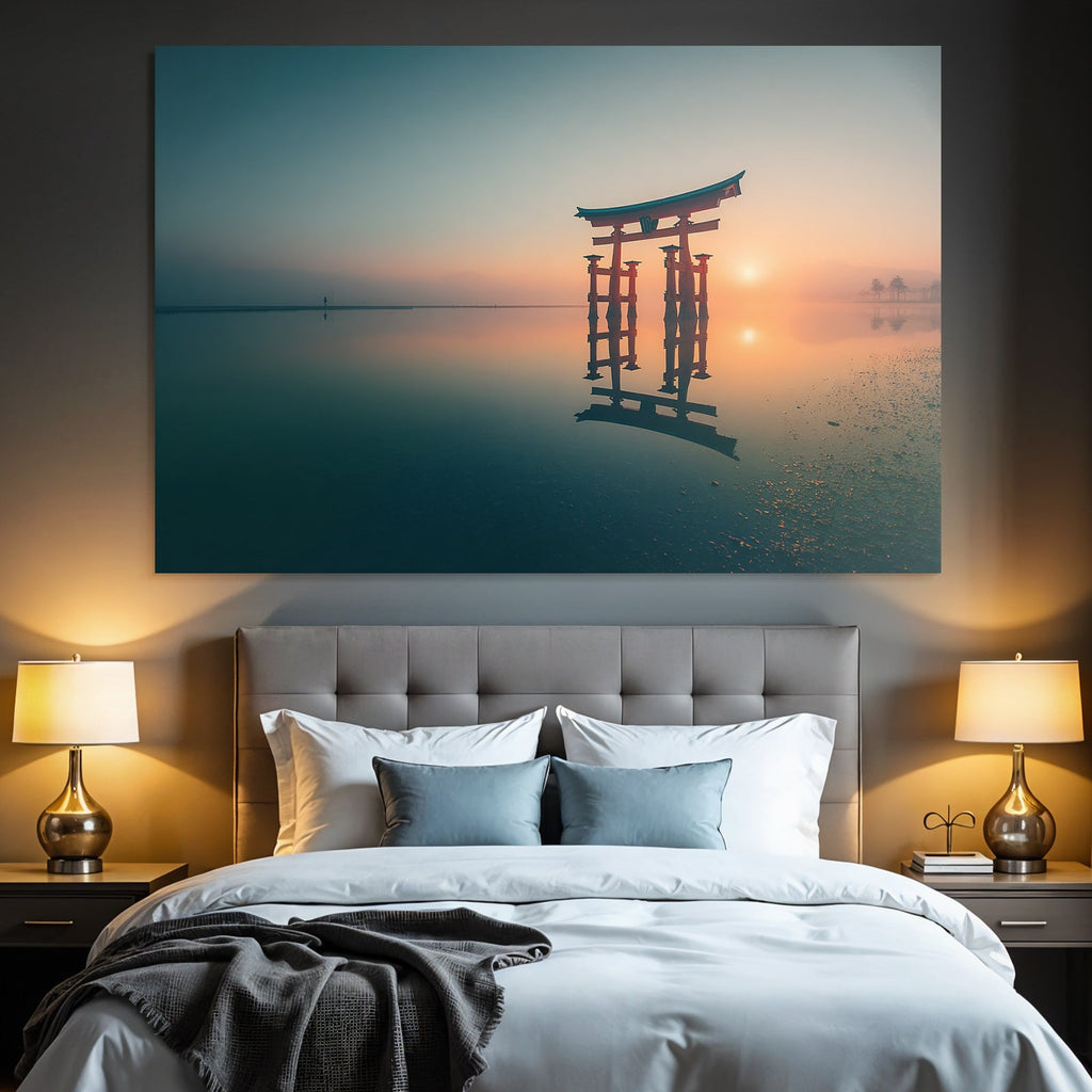 Torii Tor Im Morgennebel Spiegelung Beim Sonnenaufgang